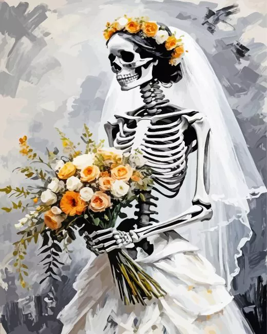 skeleton bride holding flowers Diamond With Numbers Skeleton Bride Holding Flowers Diamond Painting