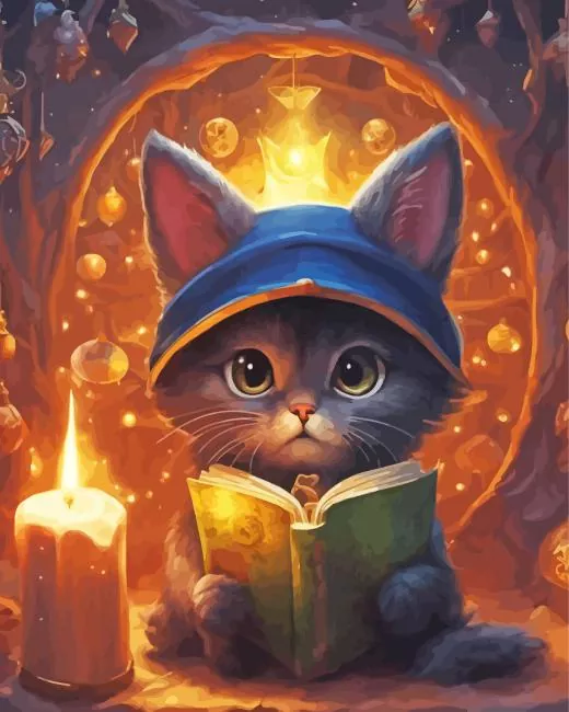 Baby Black Cat Reading Diamond With Numbers Baby Black Cat Reading Diamond Painting