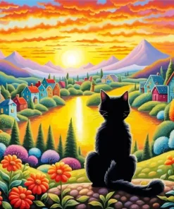 Black Cat Looking At Sunset Diamond Painting