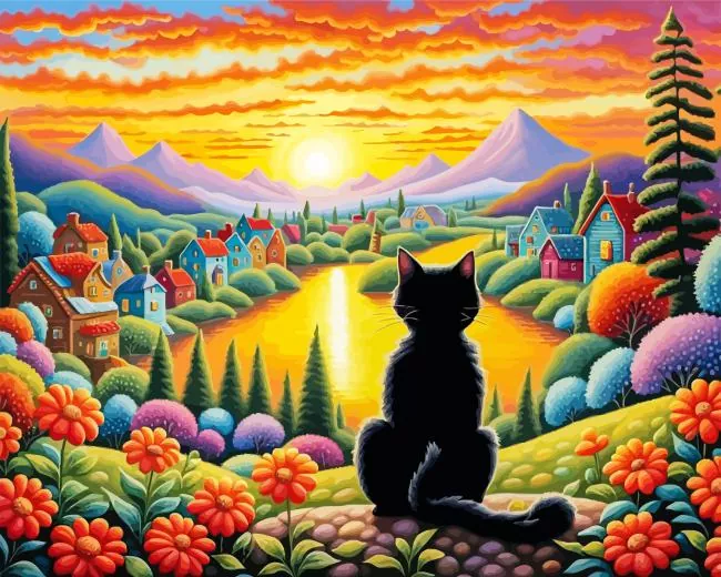 Black cat looking at sunset Diamond Paintings Black Cat Looking At Sunset Diamond Painting