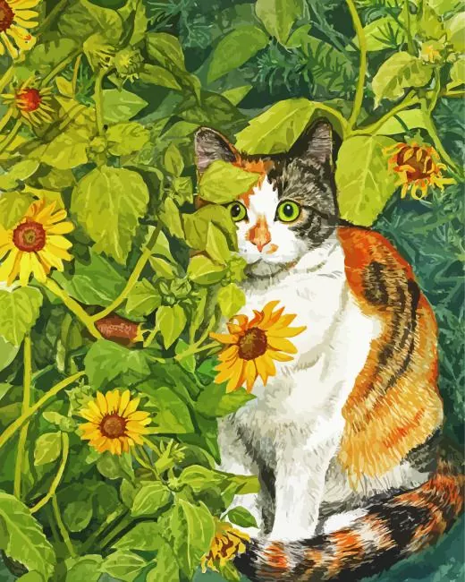 Calico cat hiding in sunflowers Diamond With Numbers Calico Cat Hiding In Sunflowers Diamond Painting