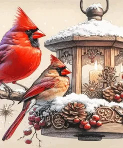 Cardinals On Lantern Diamond Painting