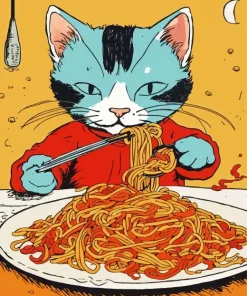 Cartoon Cat Eating Spaghetti Diamond Painting