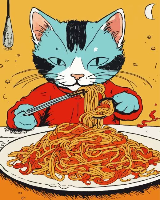 Cartoon cat eating spaghetti Diamond Paintings Cartoon Cat Eating Spaghetti Diamond Painting