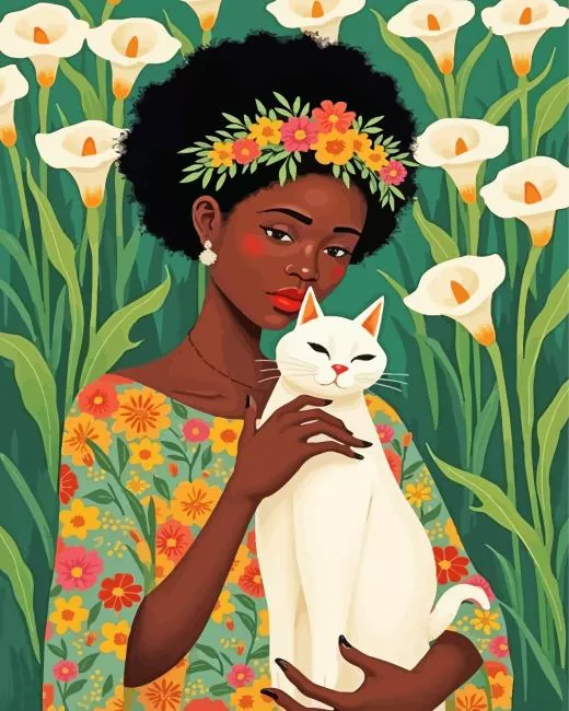 Cat And African Woman Diamond With Numbers Cat And African Woman Diamond Painting
