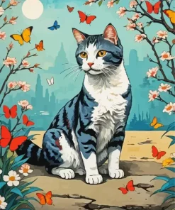 Cat And Butterflies Art Diamond Painting