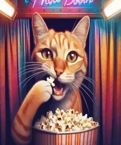 Cat Eating Popcorn Diamond Painting