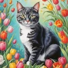 Cat In Tulip Field Diamond Painting