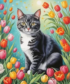 Cat In Tulip Field Diamond Painting