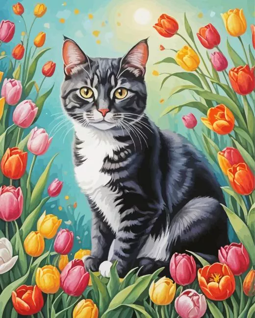 Cat in tulip field Diamond With Numbers Cat In Tulip Field Diamond Painting