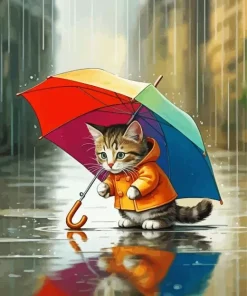 Cat Under Umbrella Diamond Painting