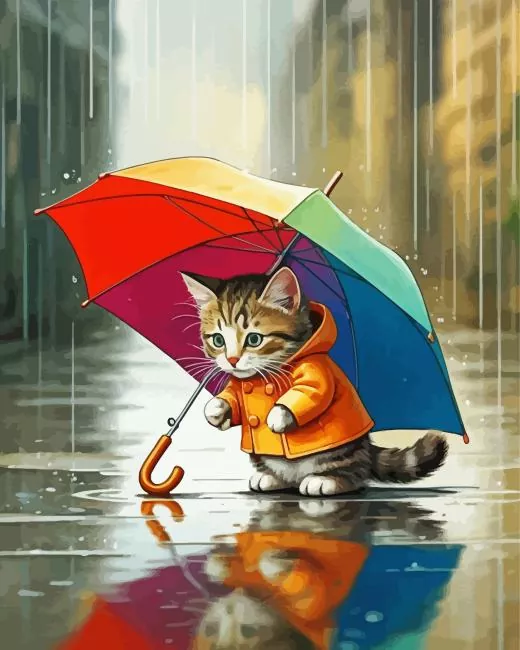 Cat under umbrella Diamond With Numbers Cat Under Umbrella Diamond Painting