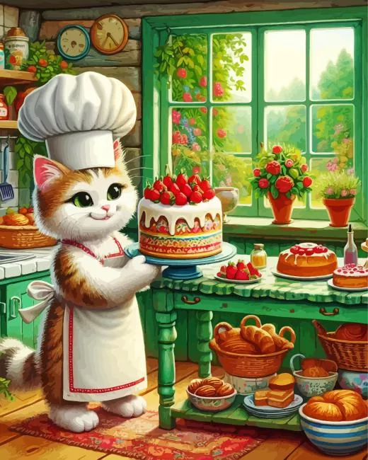 Chef cat holding cake Diamond With Numbers Chef Cat Holding Cake Diamond Painting