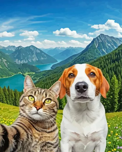 Dog and Cat selfie Diamond With Numbers Dog And Cat selfie Diamond Painting