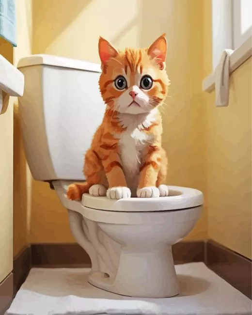 Ginger cat sitting on a toilet Diamond With Numbers Ginger Cat Sitting On A Toilet Diamond Painting