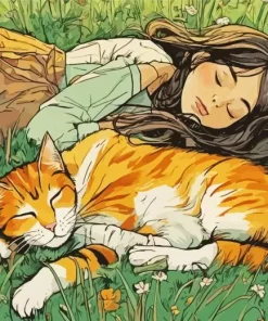 Girl And Cat Sleeping Diamond Painting