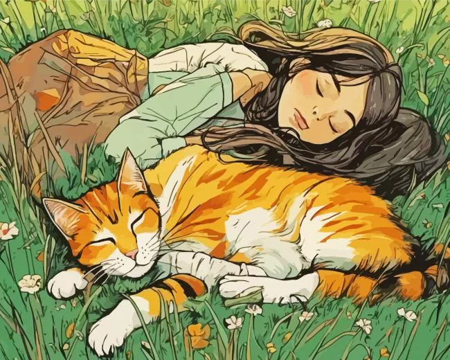 Girl and cat sleeping Diamond With Numbers Girl And Cat Sleeping Diamond Painting