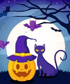 Halloween Cat And Bats Diamond Painting