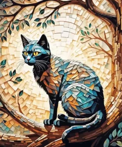 Mosaic Cat On Tree Diamond Painting