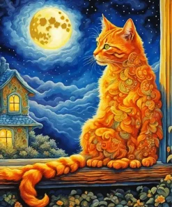 Orange Cat By Window Art Diamond Painting