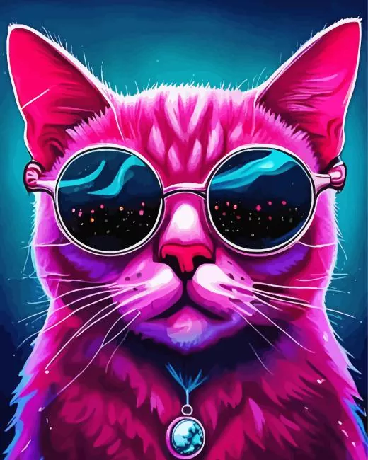 Pink cat wearing black glasses Diamond With Numbers Pink Cat Wearing Black Glasses Diamond Painting