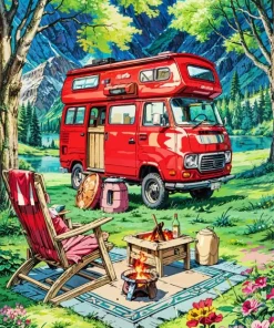 Red Caravan In Forest Diamond Painting