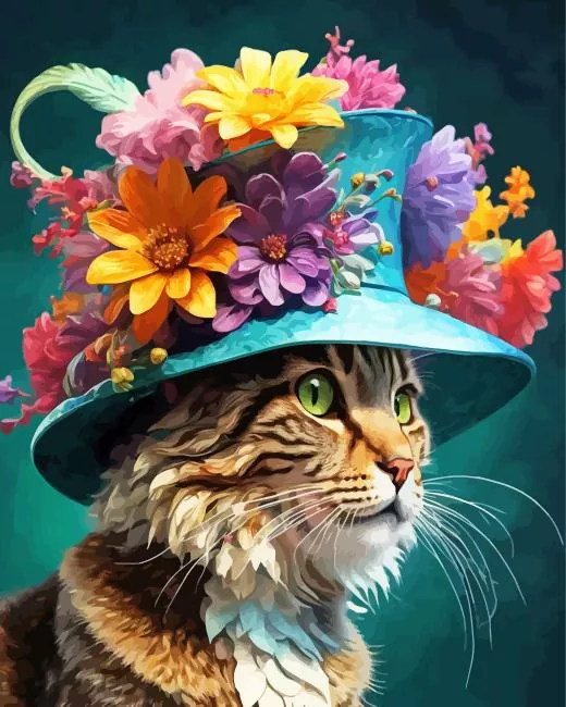Tabby hat in a flowers hat Diamond Paintings Tabby Cat In A Flowers Hat Diamond Painting