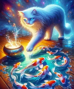White Cat And Koi Fish Diamond Painting