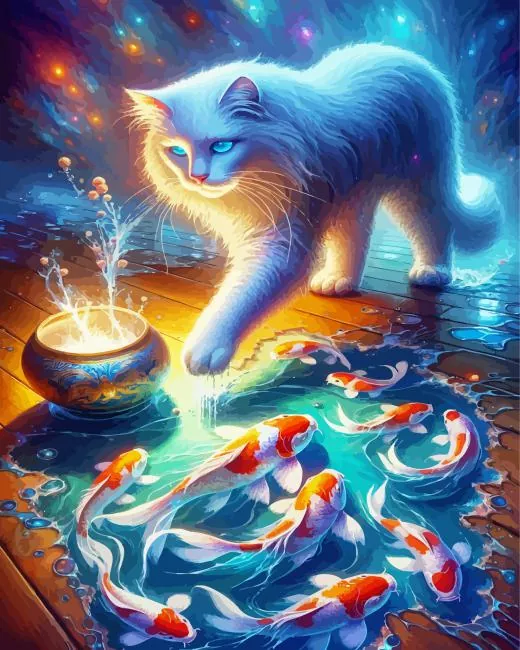 White cat and koi fish Diamond Paintings White Cat And Koi Fish Diamond Painting