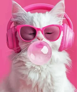 White Cat Blowing Bubble Gum Diamond Painting