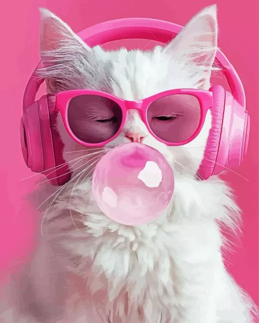 White cat blowing bubble gum Diamond Paintings White Cat Blowing Bubble Gum Diamond Painting