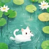 White Cat Swimming In Pond Diamond Painting
