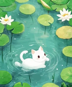 White Cat Swimming In Pond Diamond Painting
