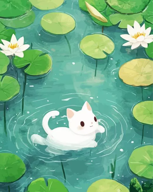 White cat swimming in pond Diamond Paintings White Cat Swimming In Pond Diamond Painting