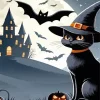 Witch Cat And Bats Diamond Painting