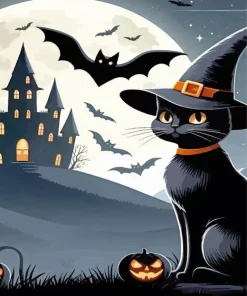 Witch Cat And Bats Diamond Painting
