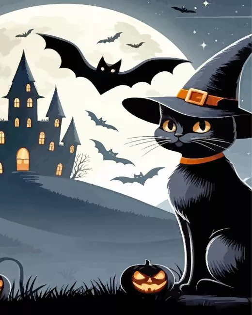 Witch cat and bats Diamond Paintings Witch Cat And Bats Diamond Painting