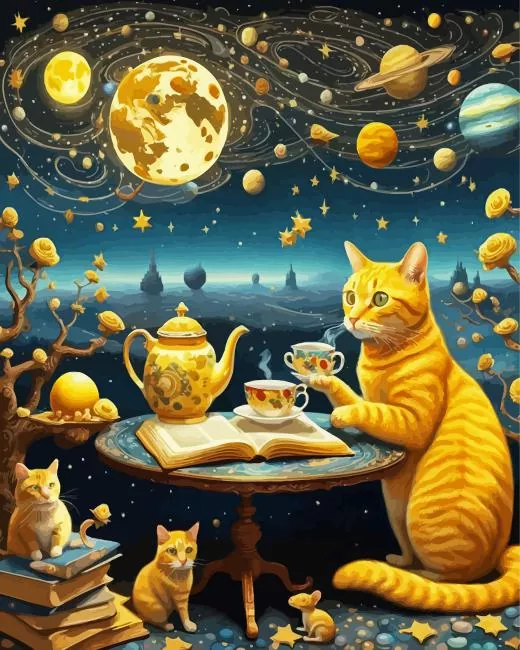Yellow Cat Drinking Team Diamond With Numbers Yellow Cat Drinking Team Diamond Painting