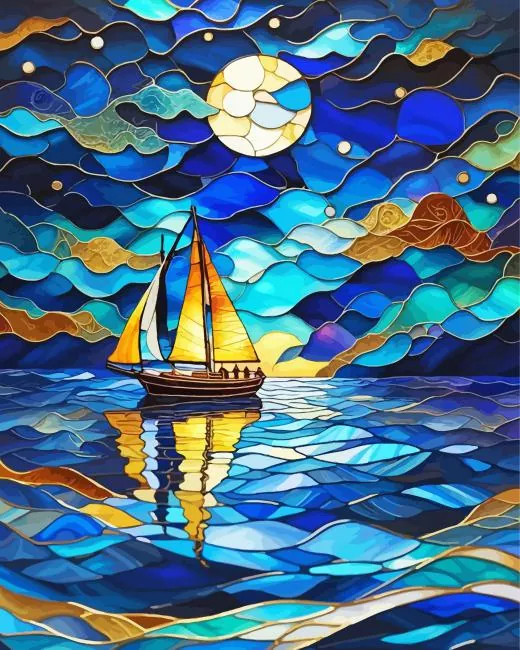 aesthetic seascape boat Diamond With Numbers Aesthetic Seascape Boat Diamond Painting