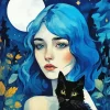 Blue Haired Girl With A Cat Diamond Painting