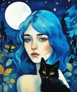 Blue Haired Girl With A Cat Diamond Painting
