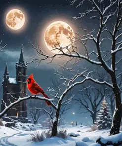 Cardinal In Snow At Night Diamond Painting