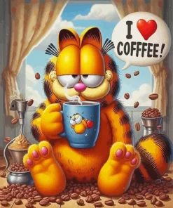 Cartoon Cat Drinking Coffee Diamond Painting