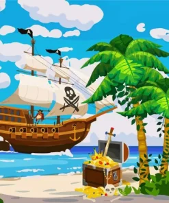 Cartoon Pirate Ship In Ocean Diamond Painting