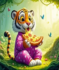 Cartoon Tiger Eating Pizza Diamond Painting