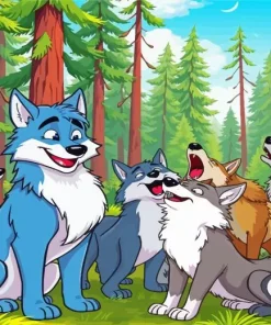 Cartoon Wolves In Forest Diamond Painting