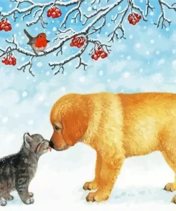 Cat And Dog In Snow Diamond Painting