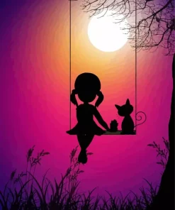 Cat And Girl Silhouette At Sunset Diamond Painting