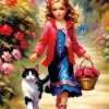 Cat And Girl Walking Art Diamond Painting