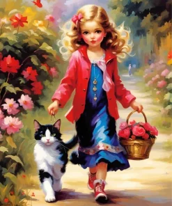 Cat And Girl Walking Art Diamond Painting